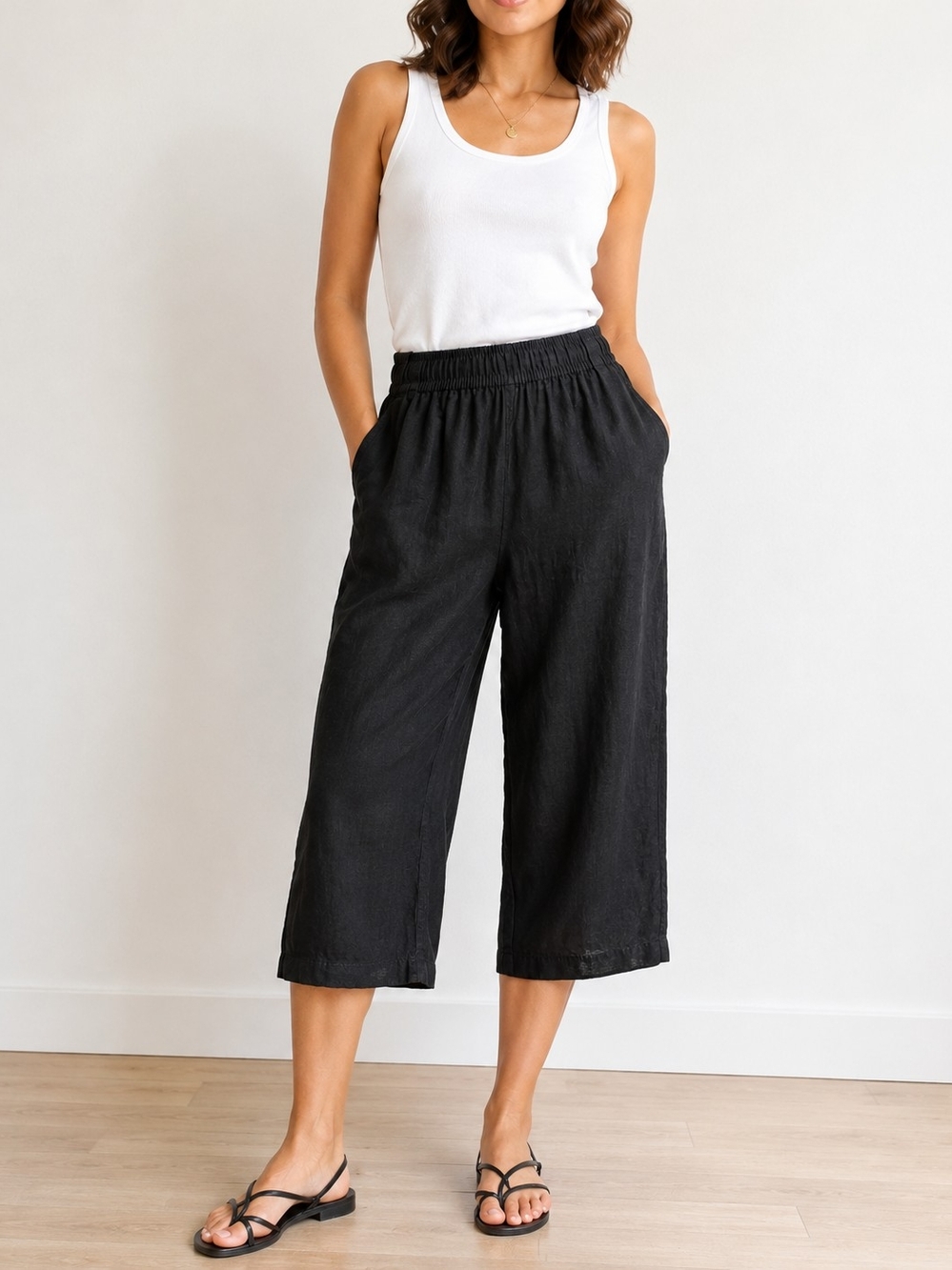 Tahari 100% Linen Pants Women M Black Pull On Wide Leg Elastic Waist